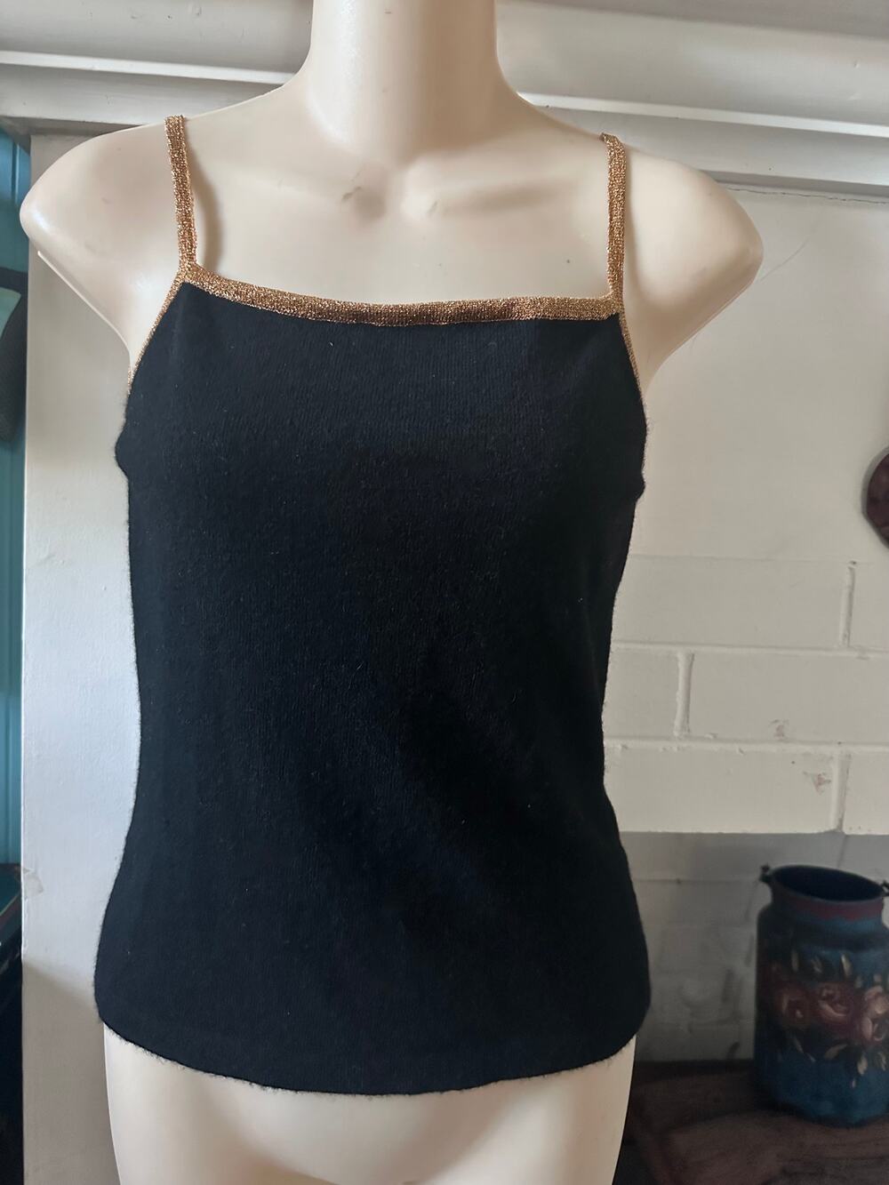 VINTAGE BLACK CASHMERE TANK CAMI W/ GOLD METALLIC PIPING & STRAPS